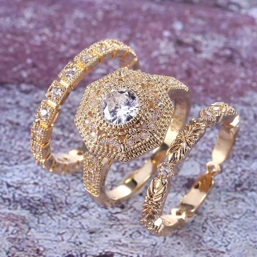 New 3pc/set Yellow Gold Plated Diamond Ring - Picture 3 of 5